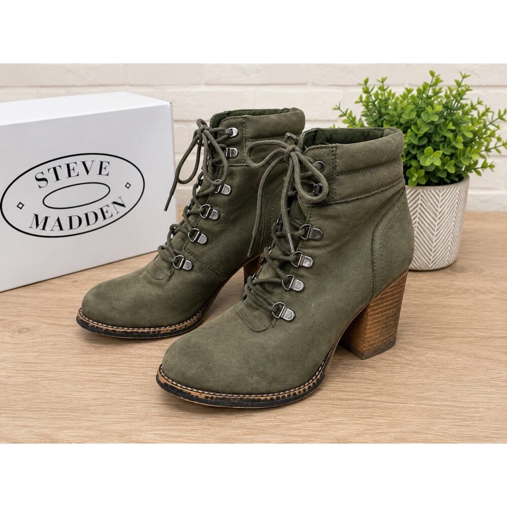 Steve Madden Olive Green Lace Up Ankle Boots Block Heel Women’s Size 6